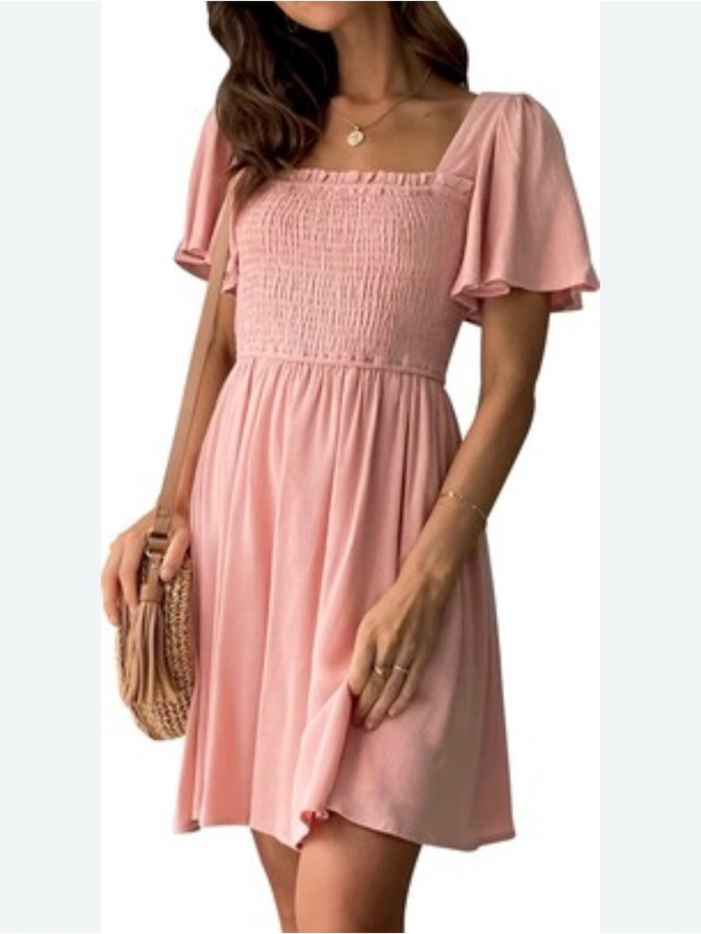 Merokeety Square-Neck Smocked Mini whimsy feminine Dress in Soft Pink